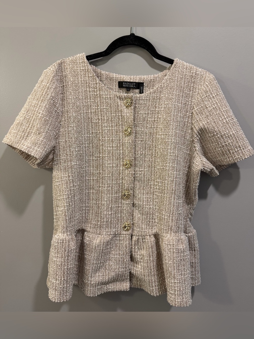 Badgley Mischka Tweed Peplum Button Detail Blouse L White / Tan / Cream